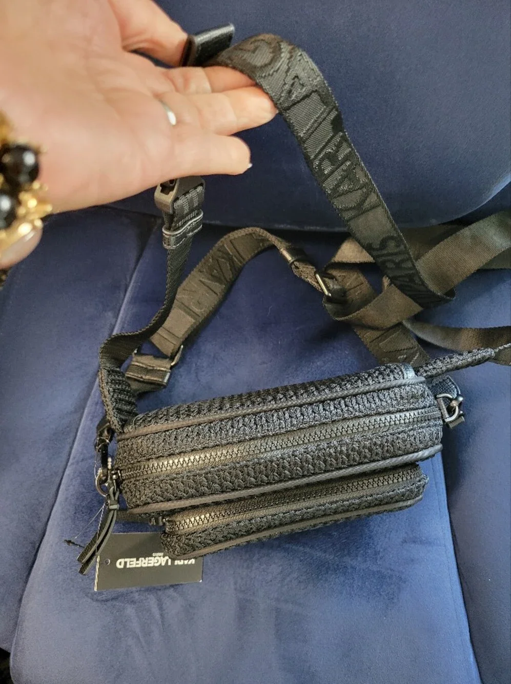 Karl Lagerfeld Black Woven Belt Bag with Embossed Logo